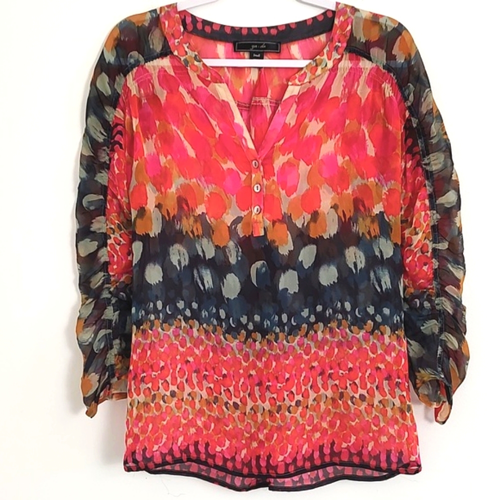 Ya-Da Womens100% Silk V-neck Ruched 3/4 Sleeve Blouse/Size S - Picture 2 of 10